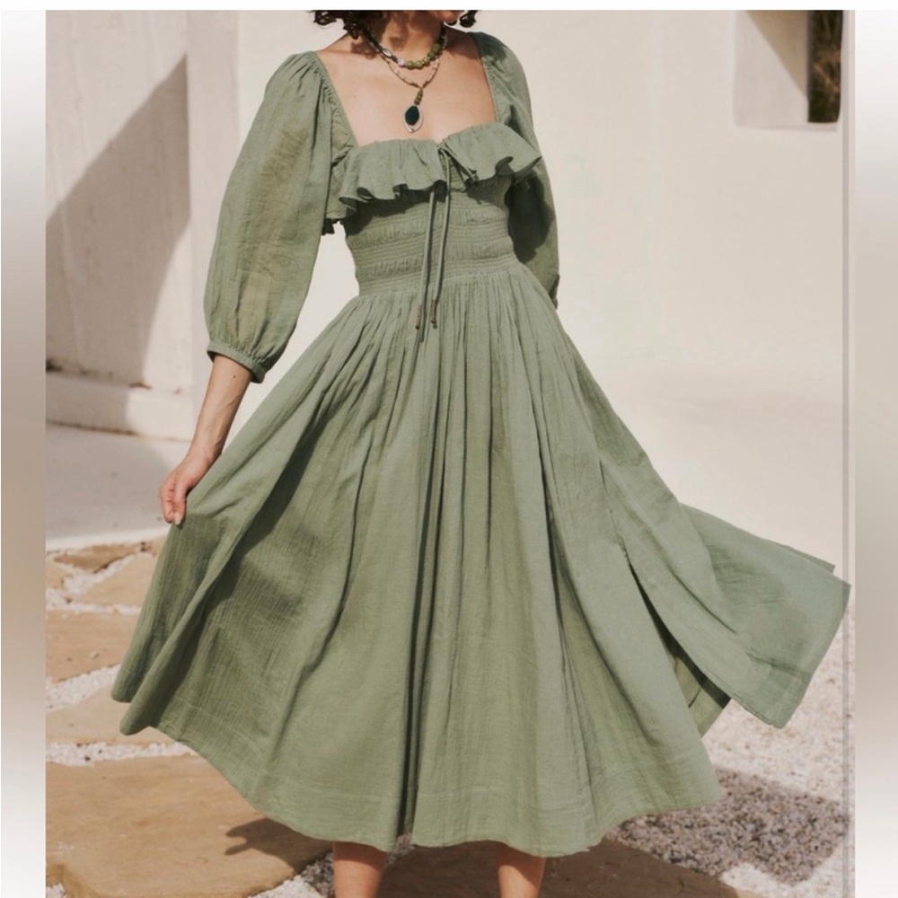 Free People Sage Green Midi Dress with Ruffles